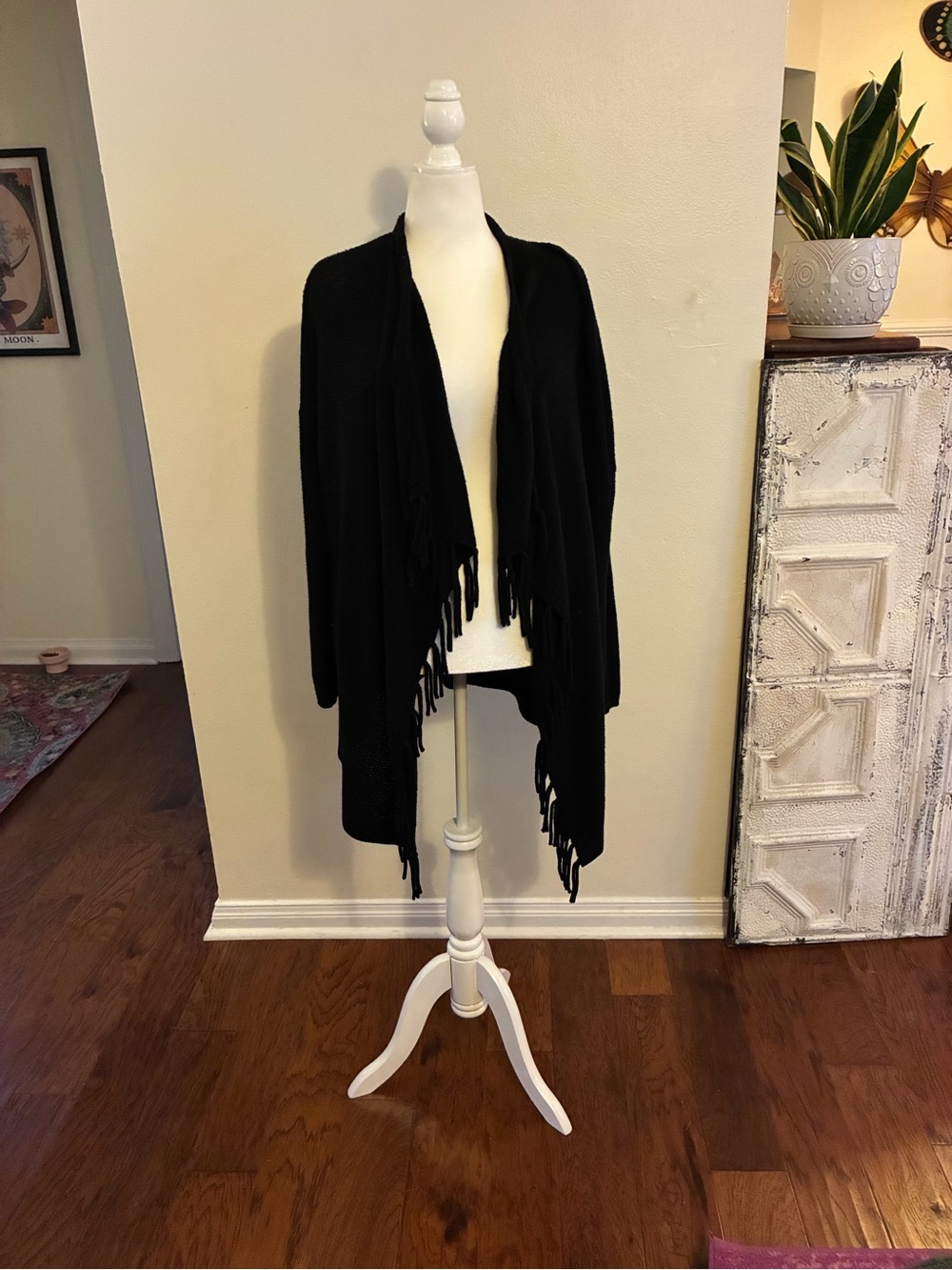 Black Fringe Open-Front Women's Sweater Cardigan